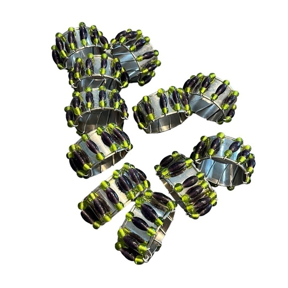 11 Handmade Purple Green Glass Beaded Chrome Oval Napkin Rings - Picture 4 of 6